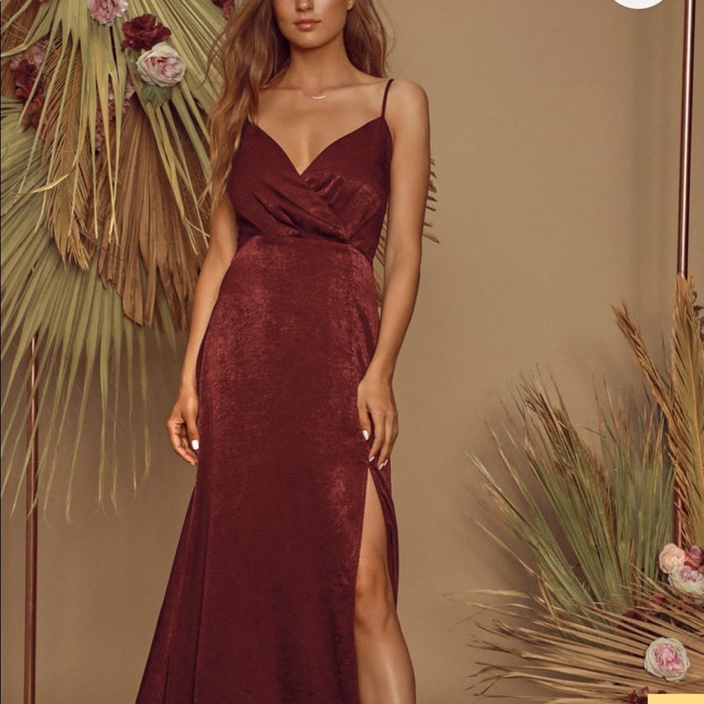 Lulus Constantine Burgundy Satin Maxi Dress